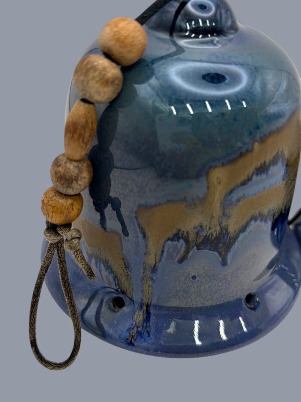 Handmade Raku Pottery Wind Chime | Blue & Brown Glazed Ceramic Bells - Picture 8 of 10